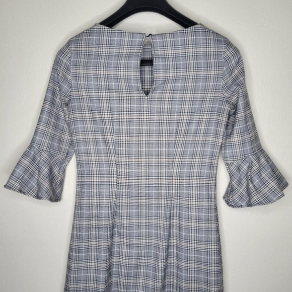 H&M Plaid Houndstooth Grey Dress with 3/4 Ruffle Bell Sleeve, Size 2 - Picture 8 of 9